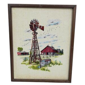 Vintage Completed Crewel Embroidery Picture Windmill Barn National Paragon 1980